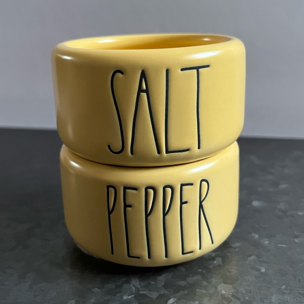 RAE DUNN SALT & PEPPER Holder Yellow Ceramic Stackable Cellars Set / No Lids
